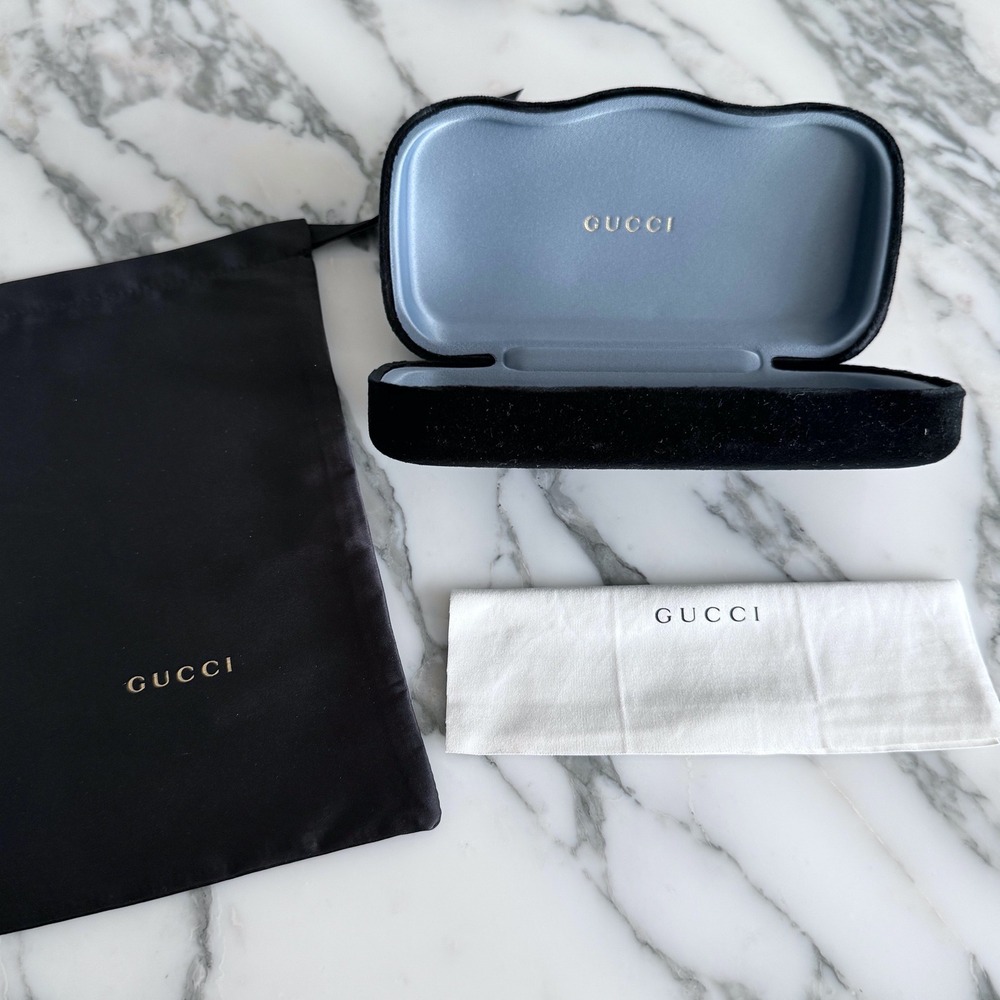 Gucci Black Velvet Sunglasses Case Blue Interior Dust Bag Cleaning Cloth Set